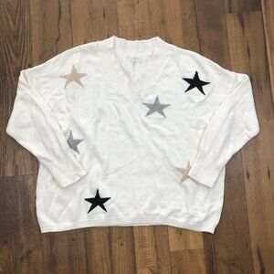 Promesa Ivory Star Pattern Knit V-Neck Long Sleeve Pullover Sweater
